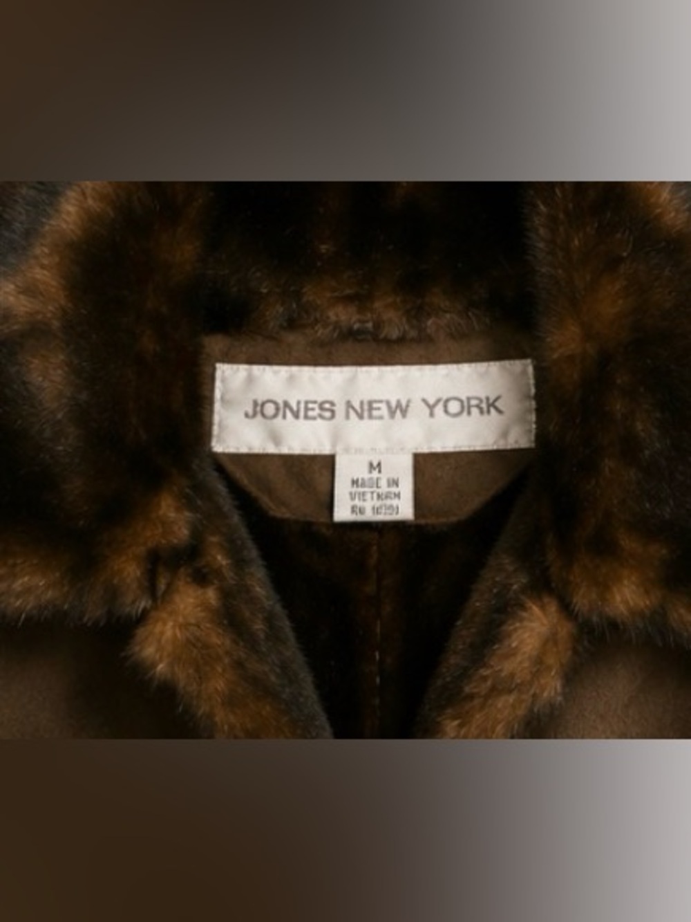Jones New York Faux Shearling Coat Jacket Brown Fur Trim Women’s Medium - Picture 3 of 9